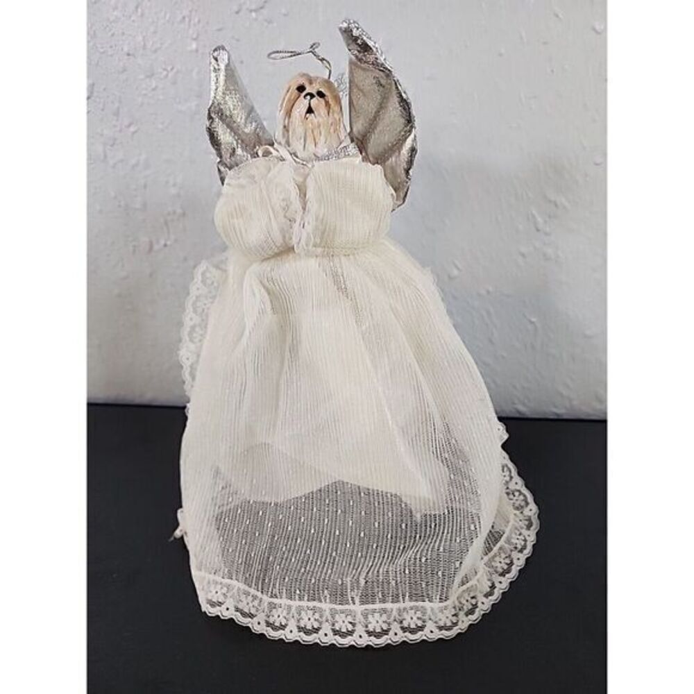 Angelic white/tan‎ Shihtzu Dog Tree Topper 10.5" Christmas Angel Vtg